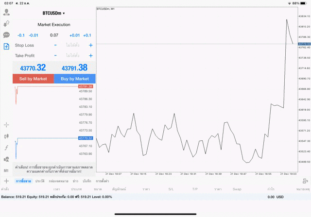 เทรด Crypto BTCUSD 0.07 lot แอพ mt4 exness