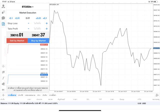เทรด Crypto BTCUSD 0.01 lot แอพ mt4 exness