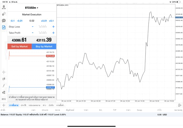 เทรด Crypto BTCUSD 0.02 lot แอพ mt4 exness